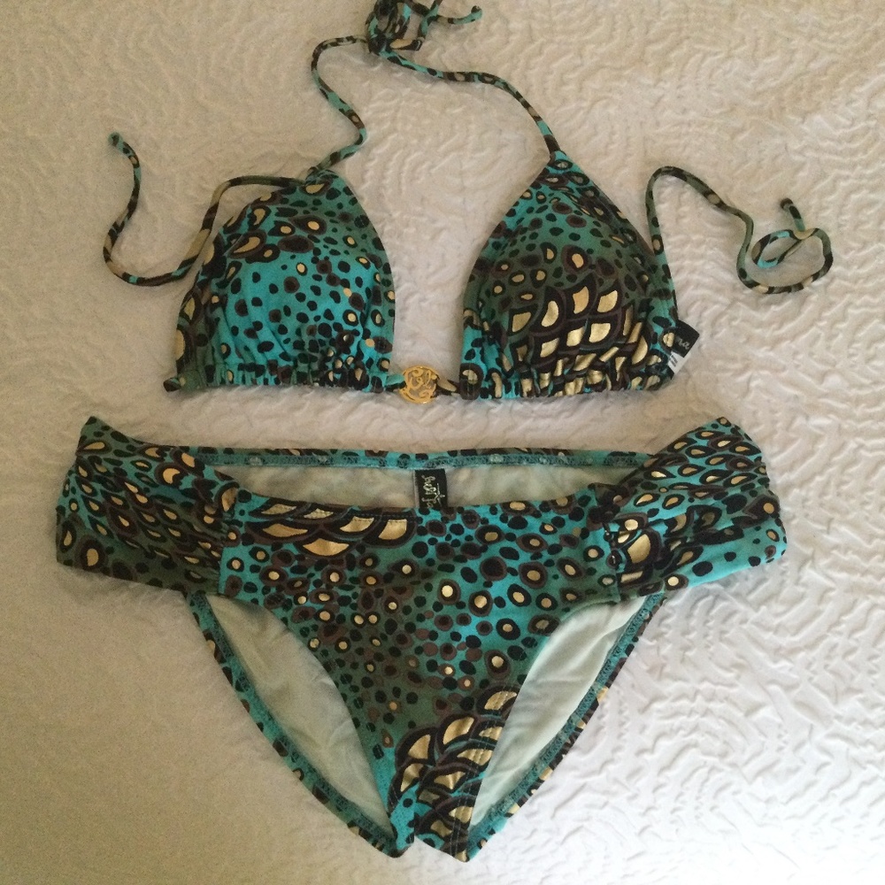 Vintage Lulifama Turquoise, Gold,Brown Bikini size medium